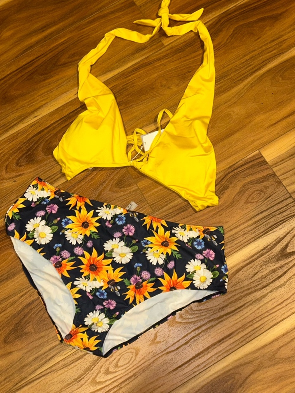 Rosegal Yellow Bikini Set with Floral High-Waist Bottoms